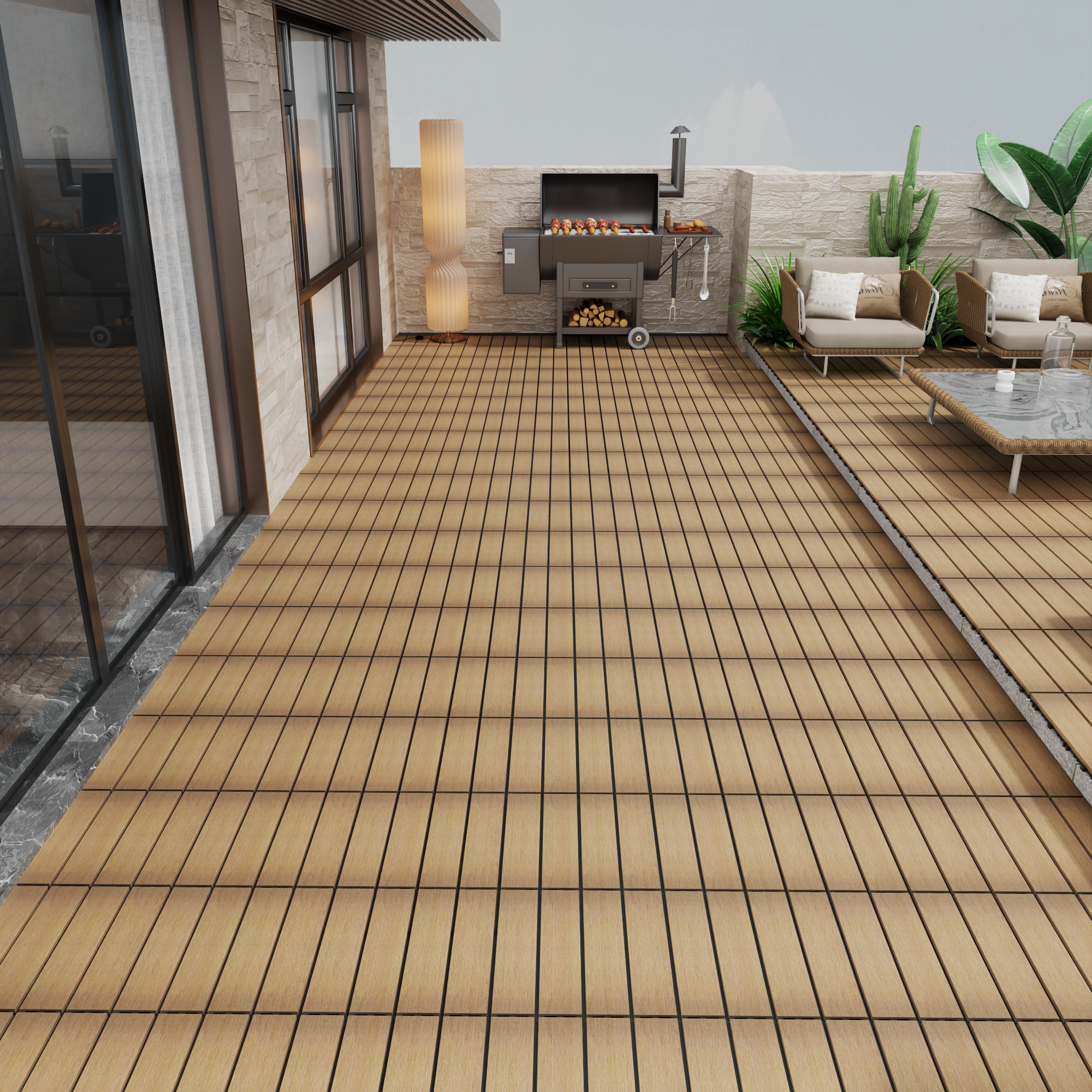 11-Pack WPC Interlocking Patio Deck Tiles - Water Resistant Wood-Plastic Composite Outdoor Flooring for Balcony & Garden