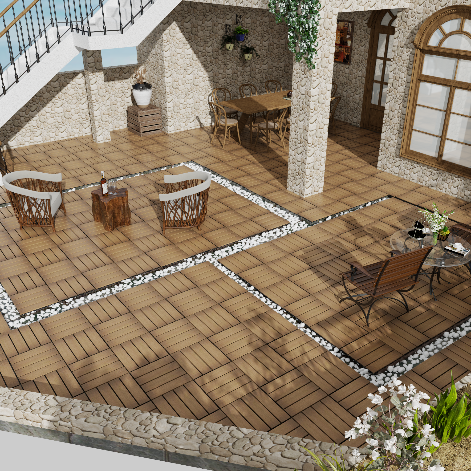 11-Pack WPC Interlocking Patio Deck Tiles - Water Resistant Wood-Plastic Composite Outdoor Flooring for Balcony & Garden