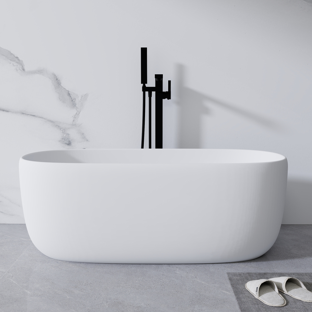 51" Freestanding Soaking Bathtub, Modern Solid Surface Matte White Oval Bathtub with Overflow and Pop-up Drain