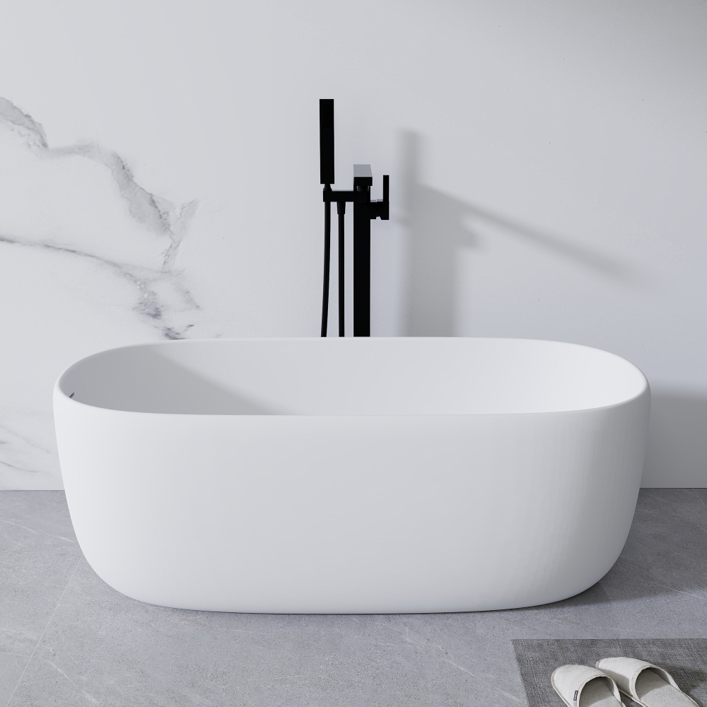 51" Freestanding Soaking Bathtub, Modern Solid Surface Matte White Oval Bathtub with Overflow and Pop-up Drain