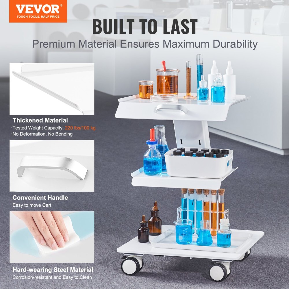 VEVOR 3-Layer Rolling Lab Cart, Heavy Duty Stainless Steel Medical Trolley with Swivel Wheels, Mobile Clinic Utility Cart for Salon & Spa