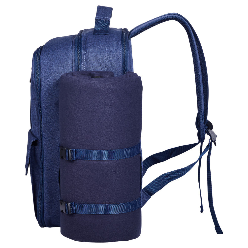 4-Person Insulated Picnic Backpack Set with Cooler Compartment & Blanket - Navy Blue Outdoor Hamper