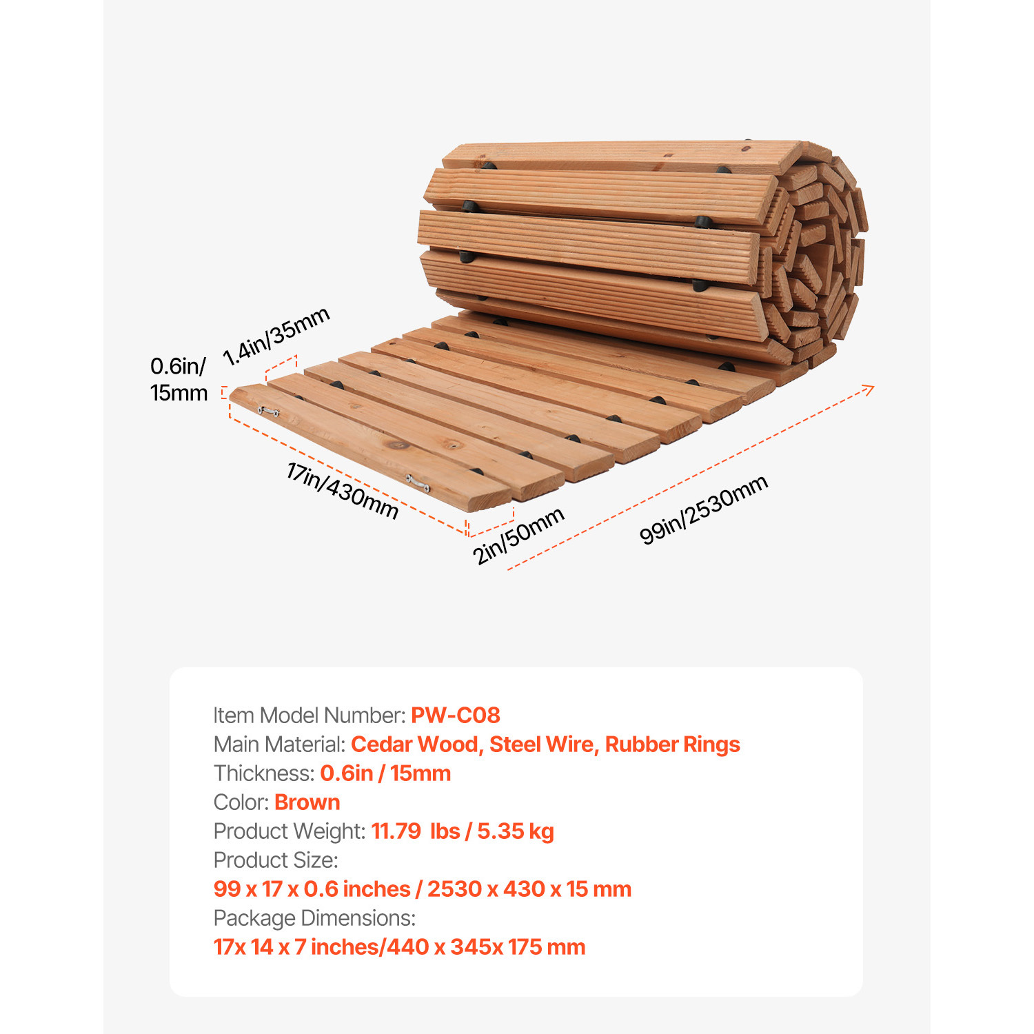 8ft Roll-Out Curved Wooden Garden Pathway - Durable Cedar Walkway Mat for Outdoor Landscaping & Mud Control