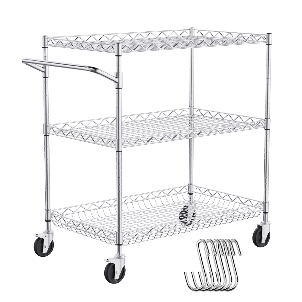 Heavy Duty 3-Tier Rolling Utility Cart with Adjustable Wire Shelves & Silent Casters - Industrial Chrome Storage Rack for Kitchen, Garage, and Warehouse