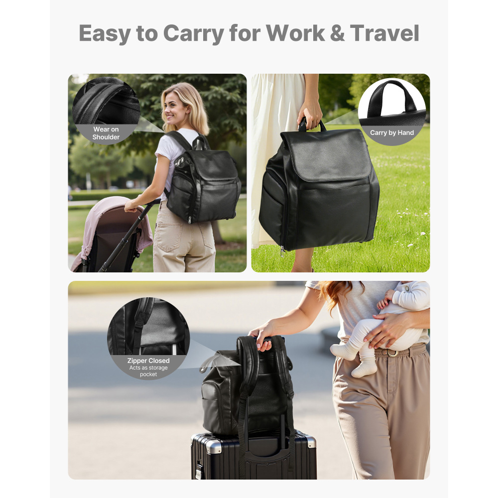 Premium Black PU Leather Breast Pump Backpack - Insulated Diaper Bag with Ice Pack & Organizer Pockets for Travel and Work