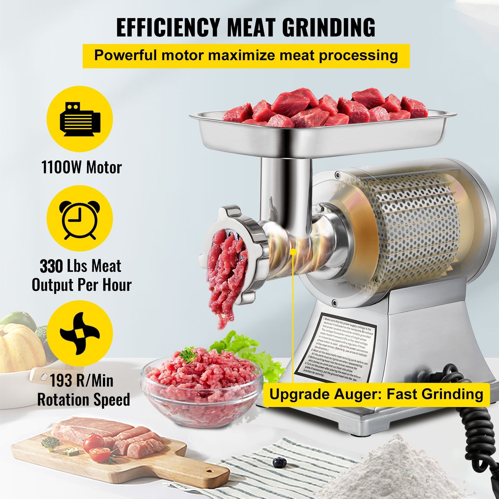VEVOR Commercial Meat Grinder, 1100W Heavy Duty Electric Meat Mincer with Stainless Steel Construction, Industrial Grade Food Processor for Sausage Making & Kitchen Prep