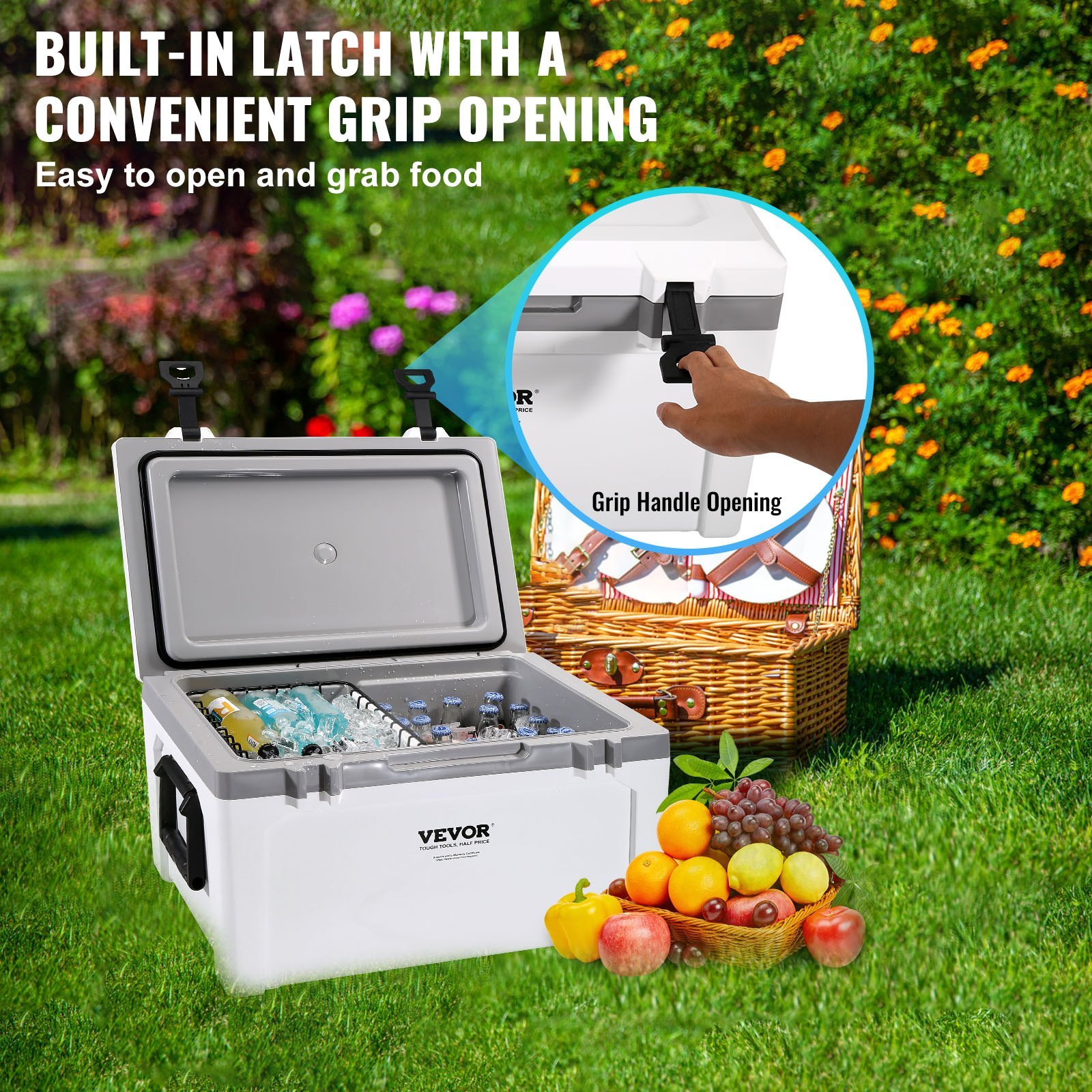 VEVOR 52 Qt Insulated Hard Cooler - Portable Ice Chest with 6-Day Retention, Heavy Duty Handle & Latches for Camping, Beach, and Outdoor Adventures