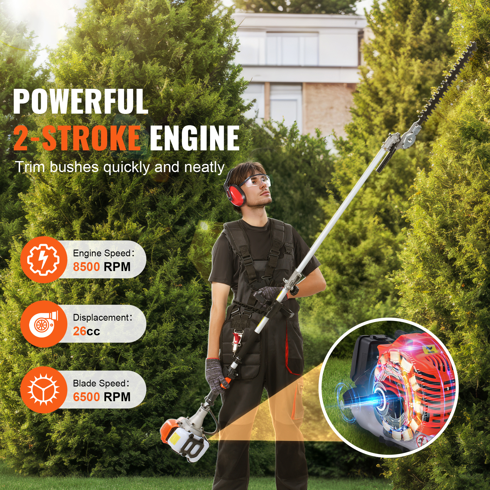 26CC 6-in-1 Gas Powered Multi-Tool System with Pole Saw, Hedge Trimmer, and Weed Eater - Complete Yard Maintenance Kit