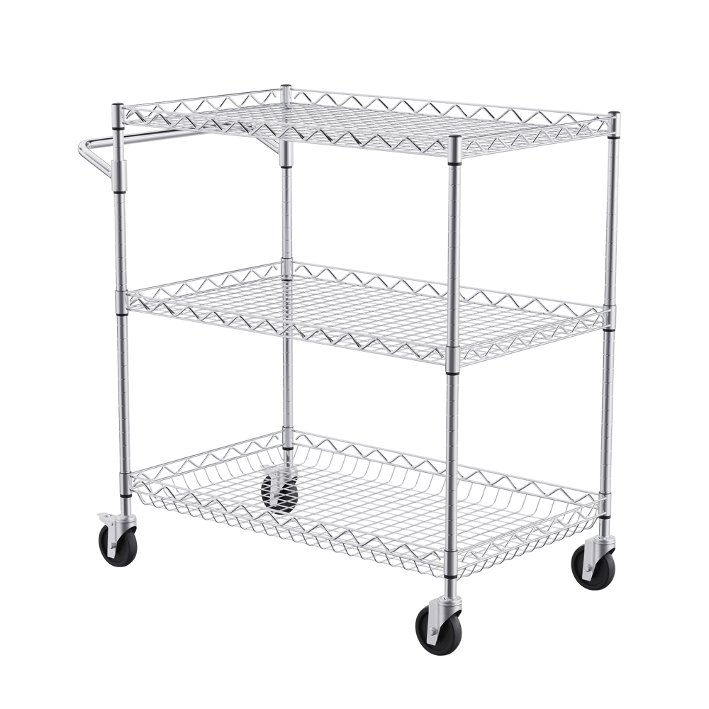 Heavy Duty 3-Tier Rolling Utility Cart with Adjustable Wire Shelves & Silent Casters - Industrial Chrome Storage Rack for Kitchen, Garage, and Warehouse