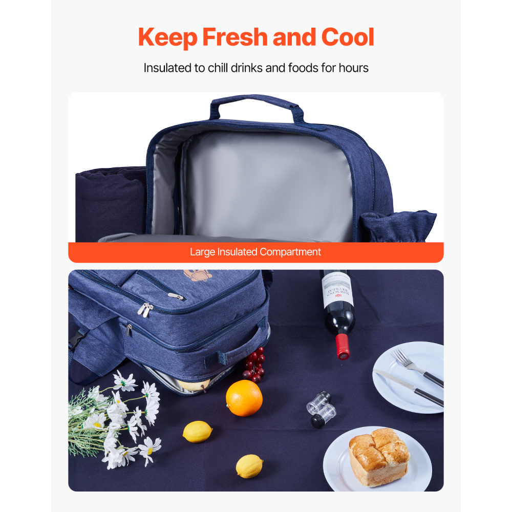 4-Person Insulated Picnic Backpack Set with Cooler Compartment & Blanket - Navy Blue Outdoor Hamper
