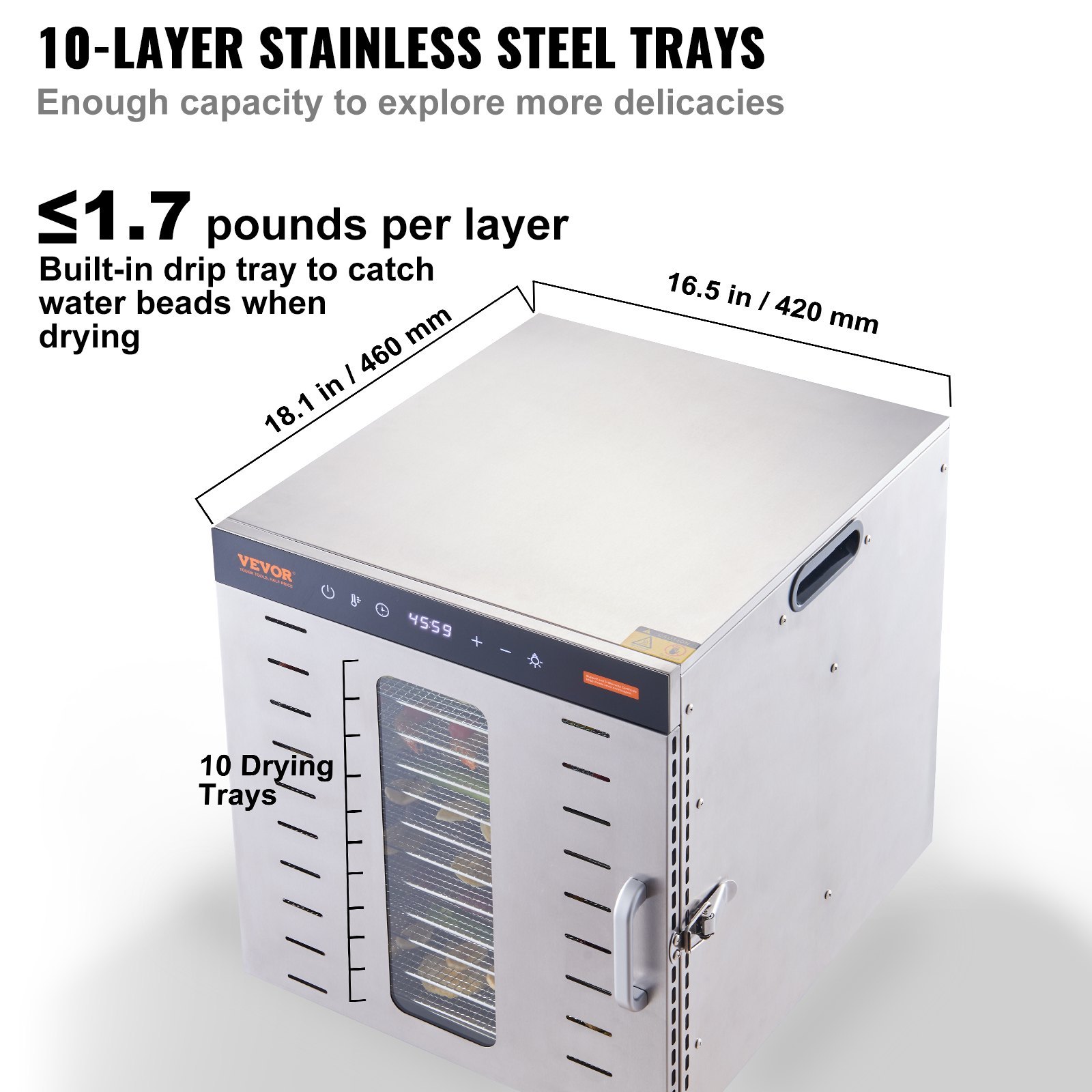 VEVOR Commercial Food Dehydrator Machine with 10 Stainless Steel Trays, Digital Adjustable Timer & Temperature Control for Jerky, Fruit, Herbs, and Dog Treats