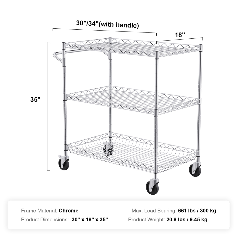 Heavy Duty 3-Tier Rolling Utility Cart with Adjustable Wire Shelves & Silent Casters - Industrial Chrome Storage Rack for Kitchen, Garage, and Warehouse