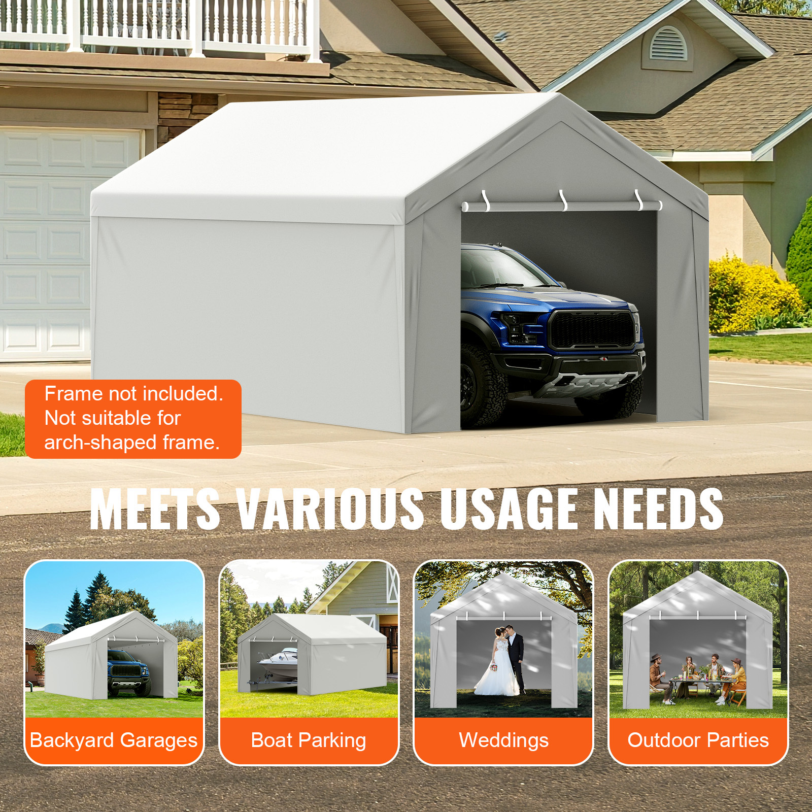 Heavy-Duty Waterproof Replacement Canopy Cover & Side Walls for 10x20 ft Carport Garage Tent, UV Resistant PE Tarp Shelter with Ball Bungees (Frame Not Included)