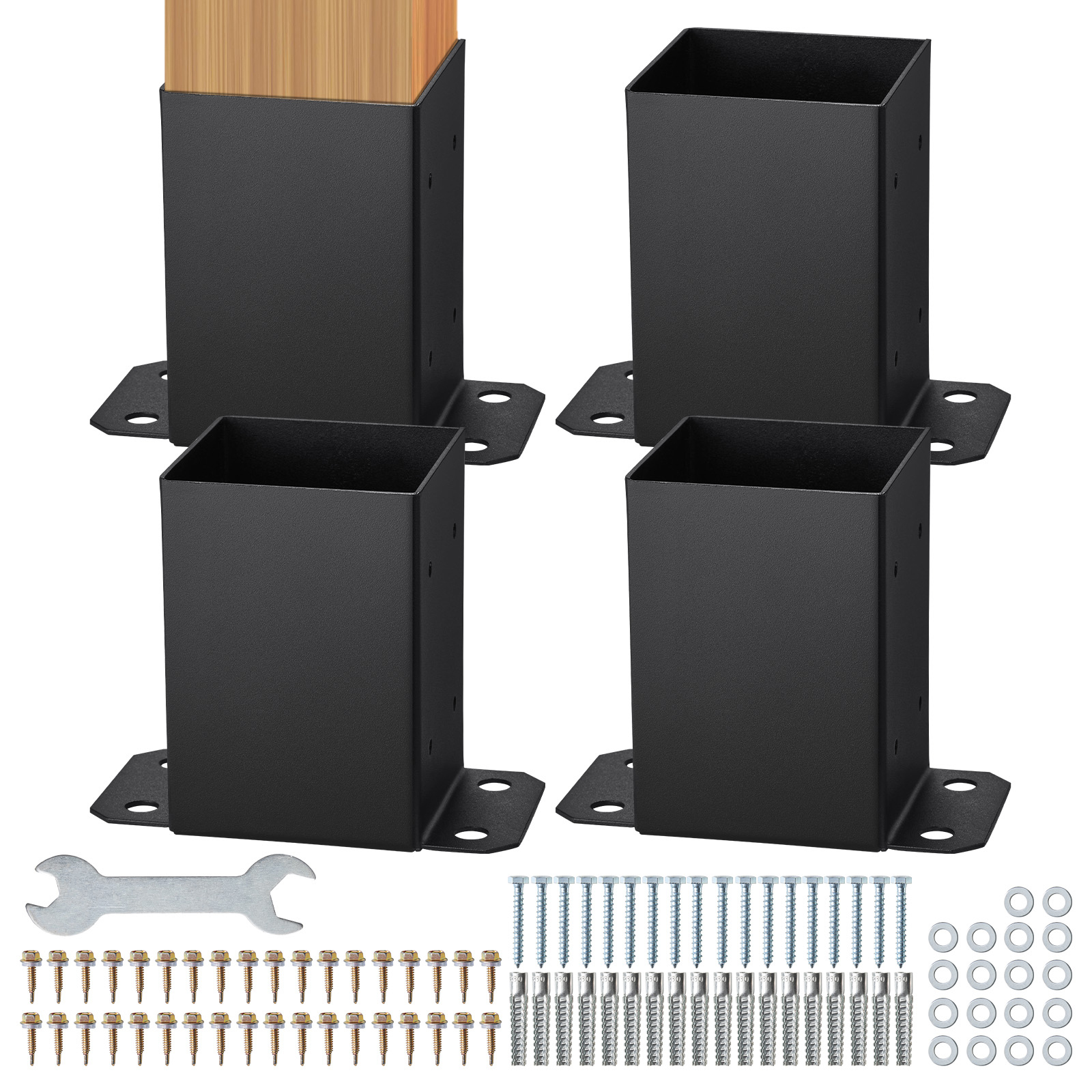 4-Pack Heavy Duty 4x4 Post Base Brackets - Black Steel Fence Post Anchor with Full Wrap Design for Deck, Pergola & Porch Columns