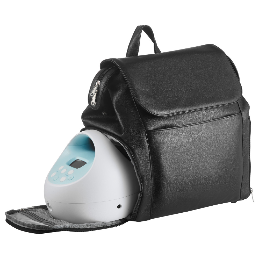 Premium Black PU Leather Breast Pump Backpack - Insulated Diaper Bag with Ice Pack & Organizer Pockets for Travel and Work