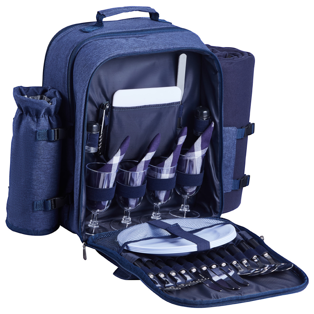 4-Person Insulated Picnic Backpack Set with Cooler Compartment & Blanket - Navy Blue Outdoor Hamper