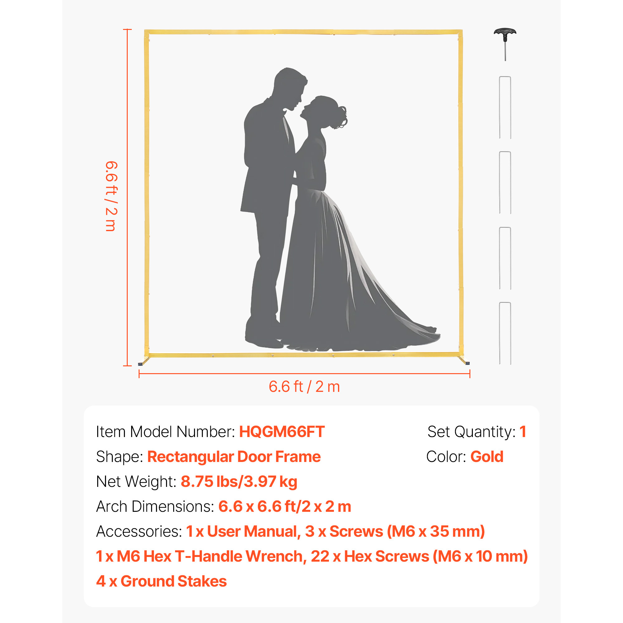 6.6x6.6 ft Gold Square Metal Arch Backdrop Stand - Sturdy Wedding Photo Booth Frame for Indoor & Outdoor Party Decoration