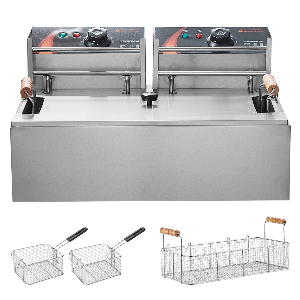 3000W Commercial Electric Deep Fryer Countertop - Dual Basket Stainless Steel Restaurant Fryer with Temperature Control