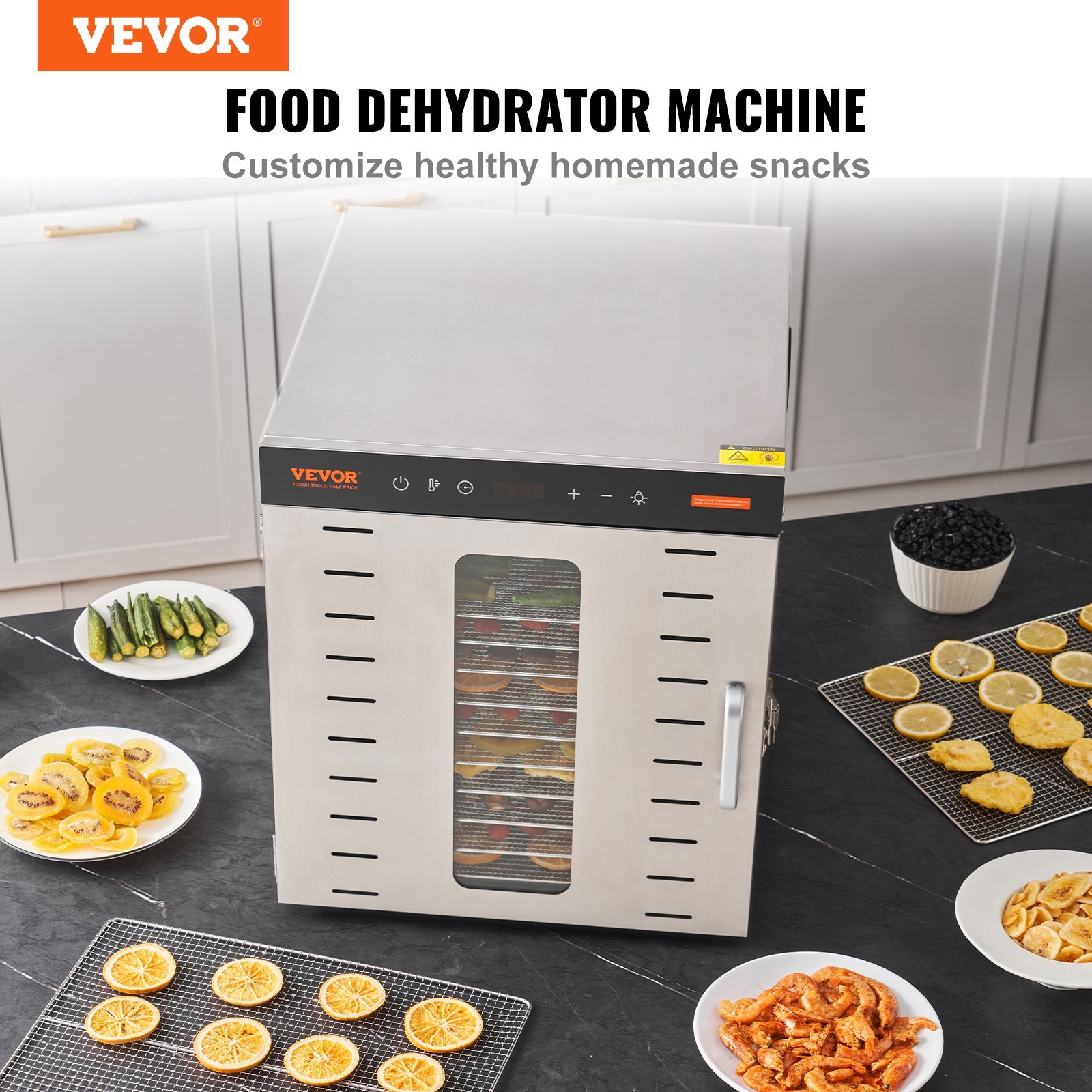 VEVOR Commercial Food Dehydrator Machine with 10 Stainless Steel Trays, Digital Adjustable Timer & Temperature Control for Jerky, Fruit, Herbs, and Dog Treats