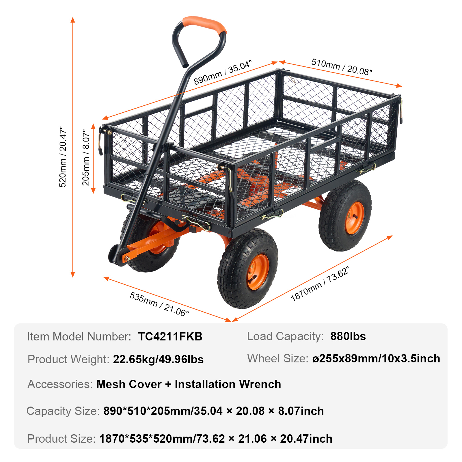 Heavy Duty Metal Garden Dump Cart with Removable Sides & 10" Tires - 880 lbs Capacity Utility Wagon