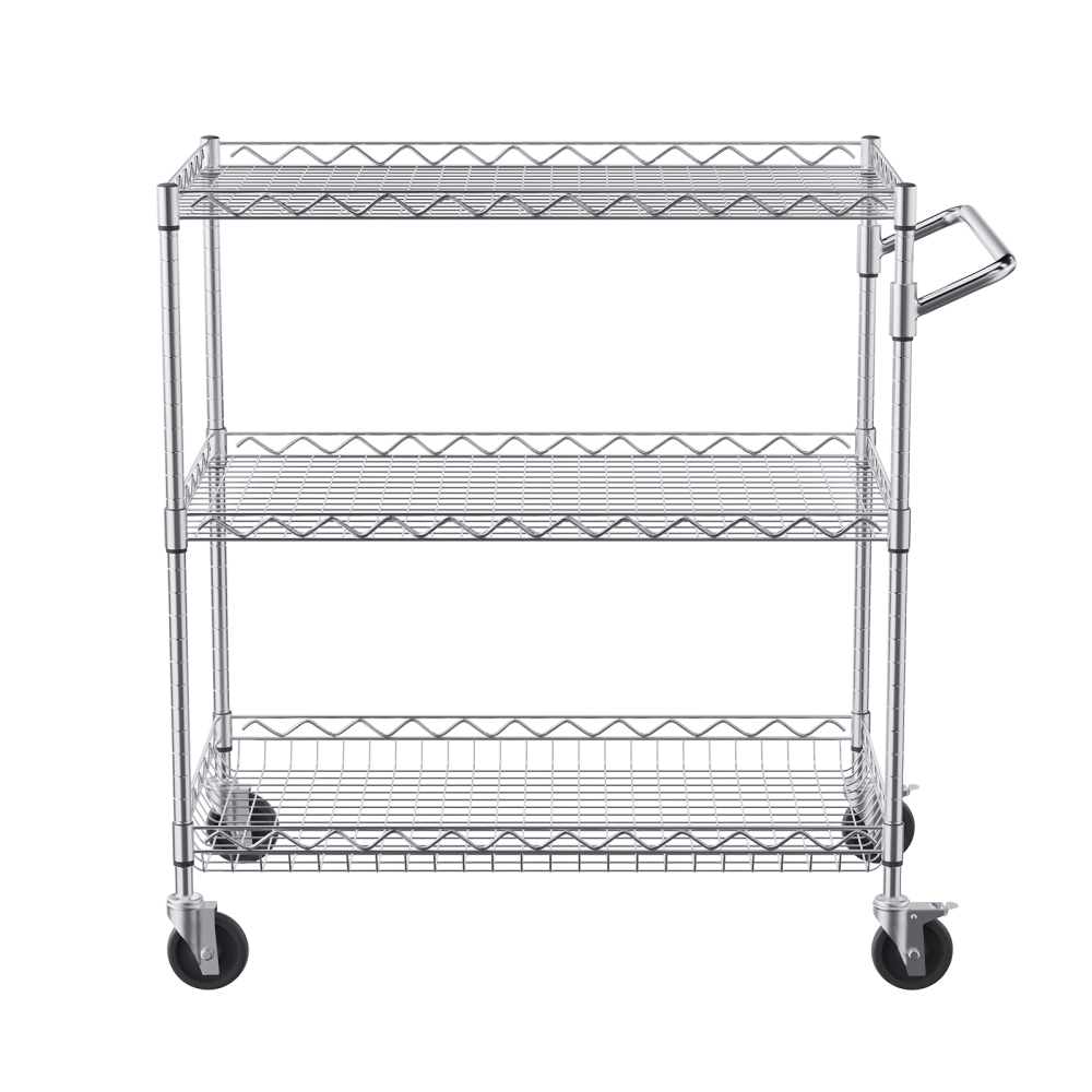 Heavy Duty 3-Tier Rolling Utility Cart with Adjustable Wire Shelves & Silent Casters - Industrial Chrome Storage Rack for Kitchen, Garage, and Warehouse