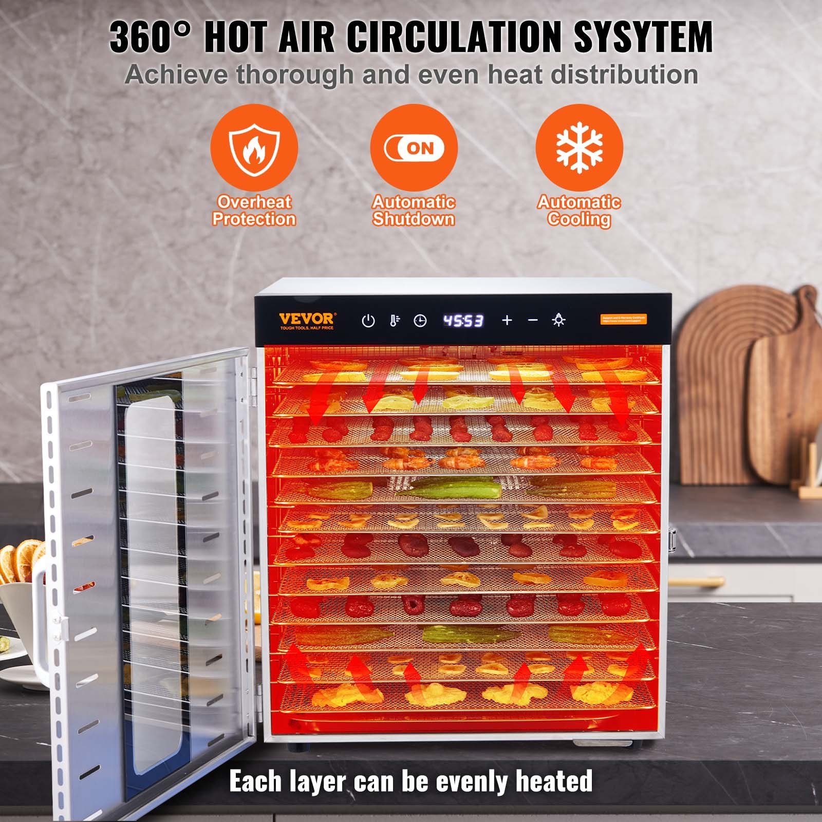 VEVOR Commercial Food Dehydrator Machine with 10 Stainless Steel Trays, Digital Adjustable Timer & Temperature Control for Jerky, Fruit, Herbs, and Dog Treats