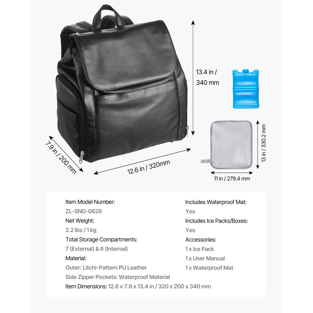 Premium Black PU Leather Breast Pump Backpack - Insulated Diaper Bag with Ice Pack & Organizer Pockets for Travel and Work