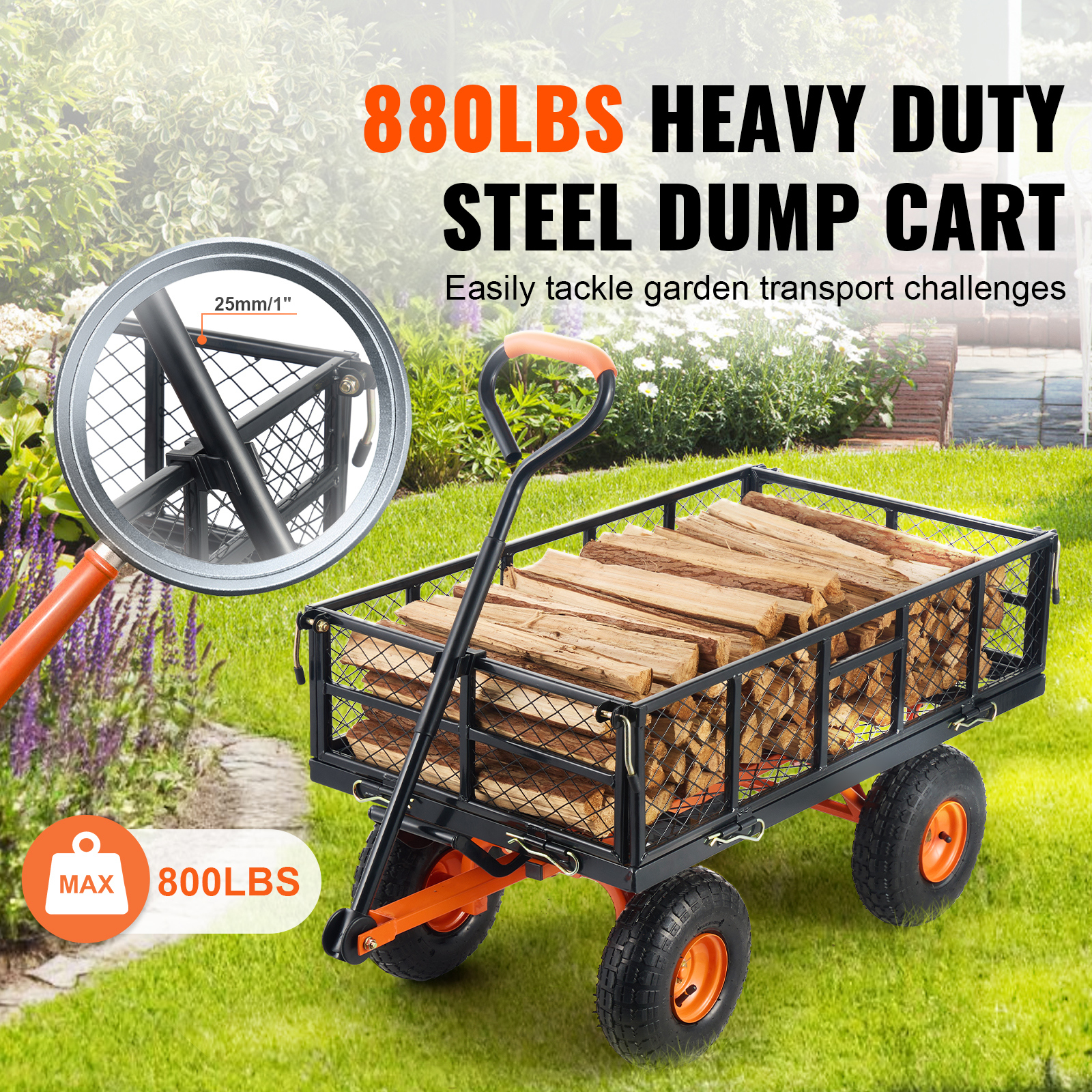 Heavy Duty Metal Garden Dump Cart with Removable Sides & 10" Tires - 880 lbs Capacity Utility Wagon