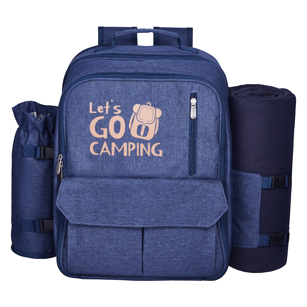 4-Person Insulated Picnic Backpack Set with Cooler Compartment & Blanket - Navy Blue Outdoor Hamper