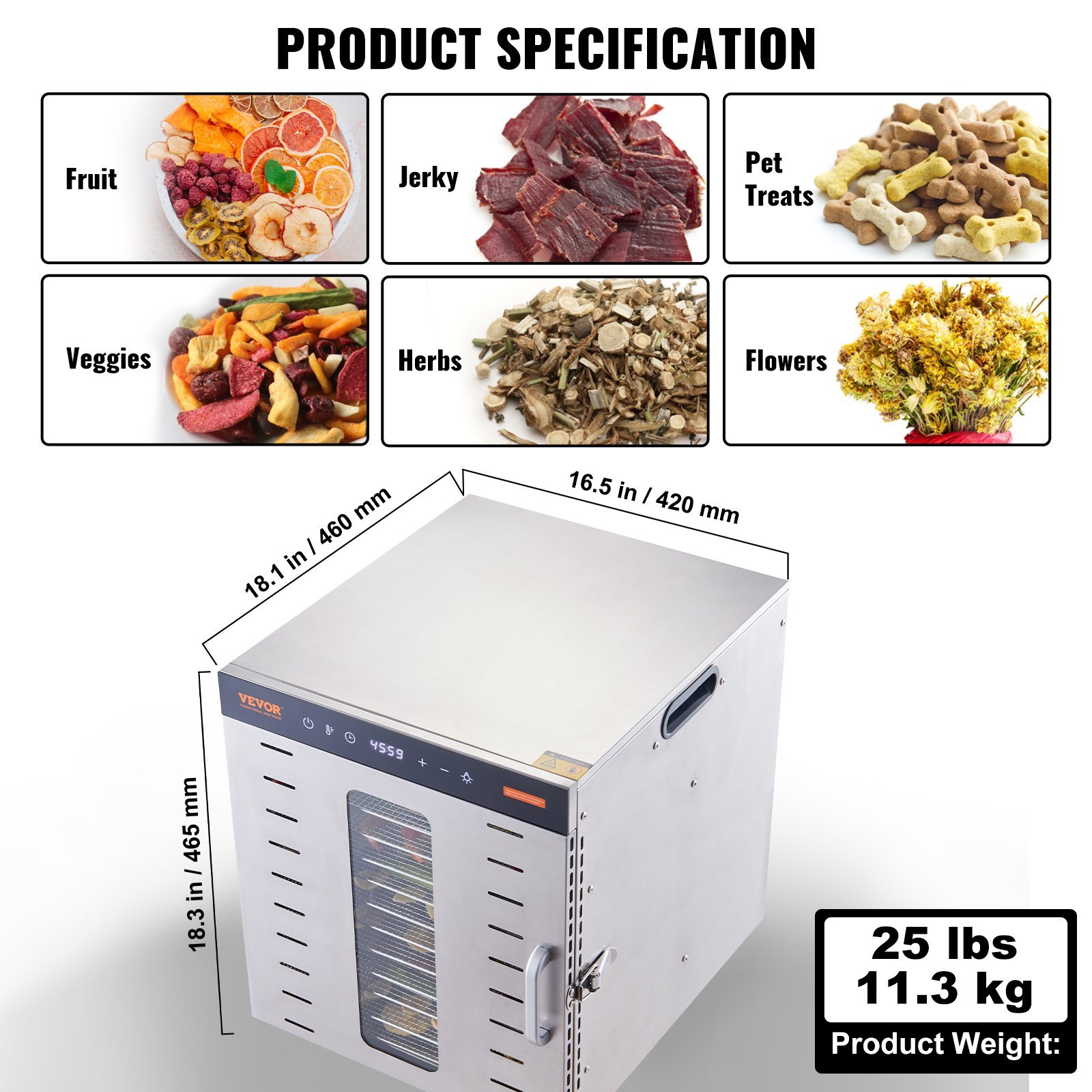 VEVOR Commercial Food Dehydrator Machine with 10 Stainless Steel Trays, Digital Adjustable Timer & Temperature Control for Jerky, Fruit, Herbs, and Dog Treats