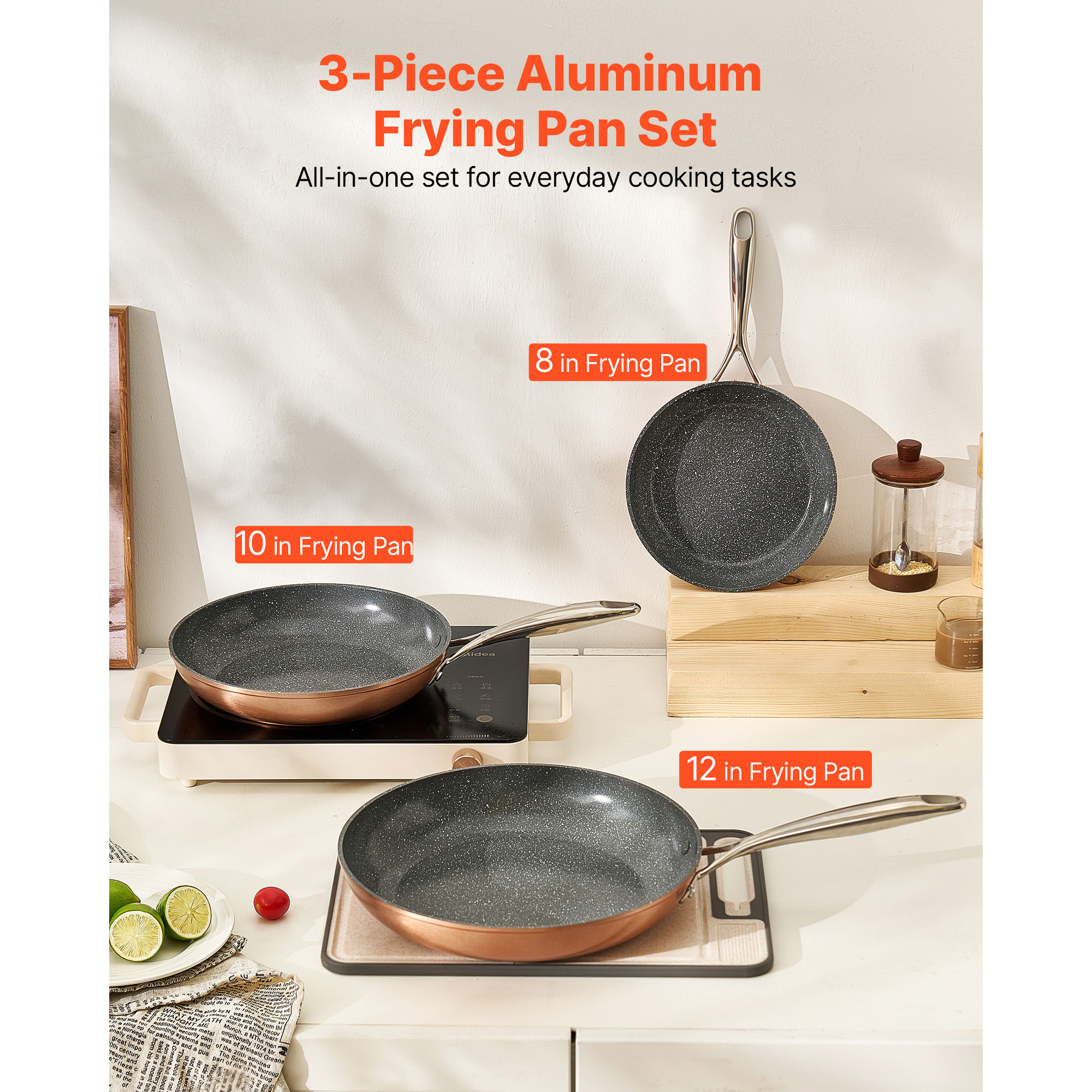3-Piece Nonstick Frying Pan Set - Aluminum Skillet Cookware for Induction, Gas & Electric Stoves