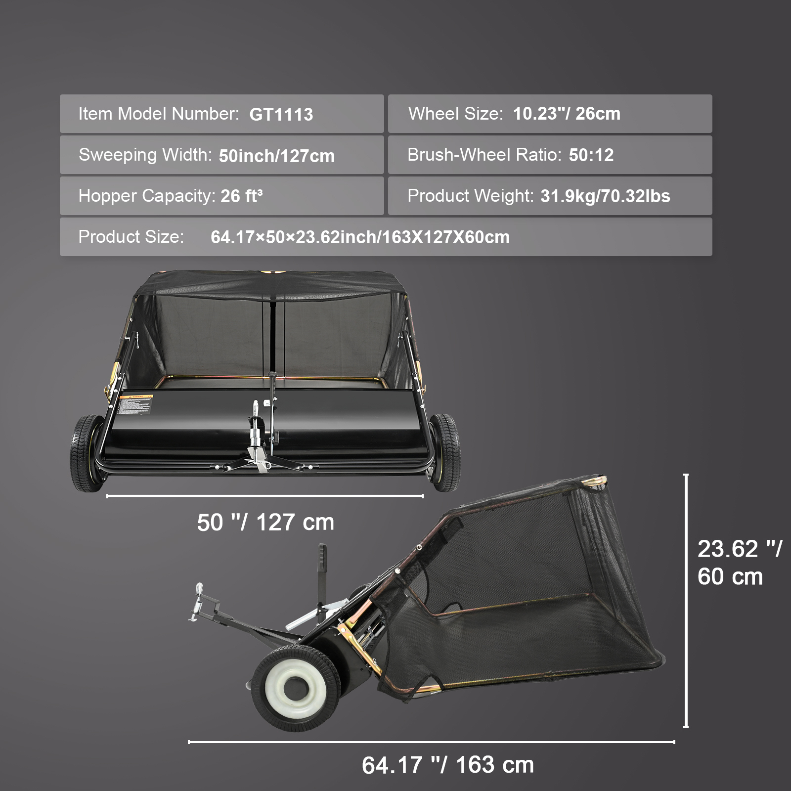 VEVOR 50" Tow Behind Lawn Sweeper - 26 Cu. Ft. Heavy Duty Leaf & Grass Collector with Adjustable Height Brush