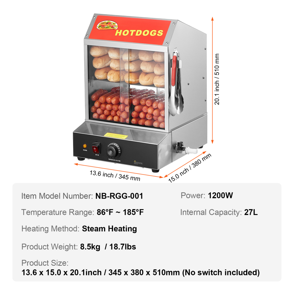 Commercial Hot Dog Steamer 2-Tier Electric Bun Warmer with Temperature Control - Stainless Steel Food Display Case