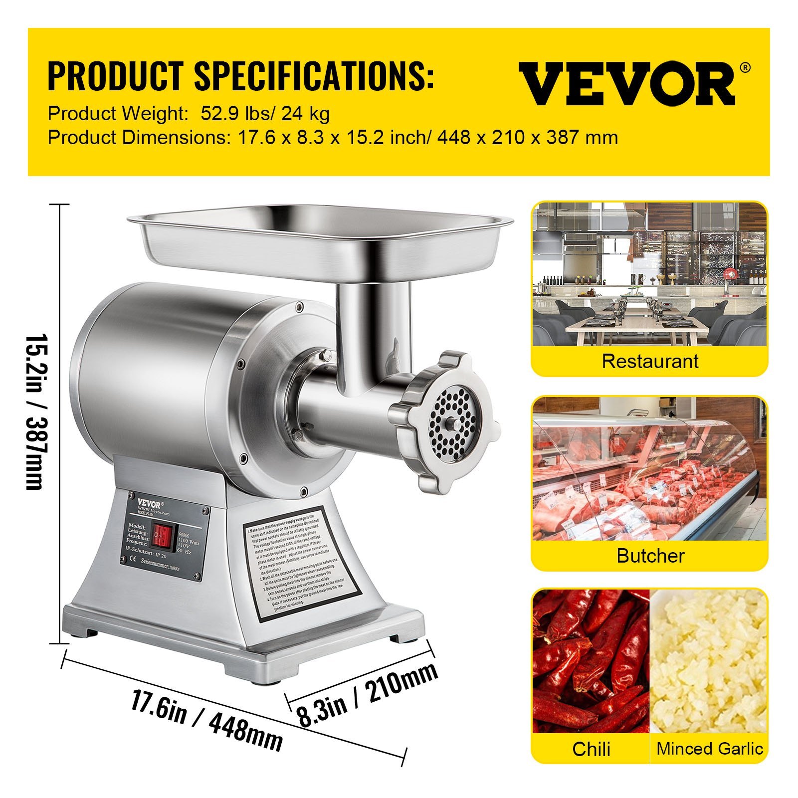 VEVOR Commercial Meat Grinder, 1100W Heavy Duty Electric Meat Mincer with Stainless Steel Construction, Industrial Grade Food Processor for Sausage Making & Kitchen Prep