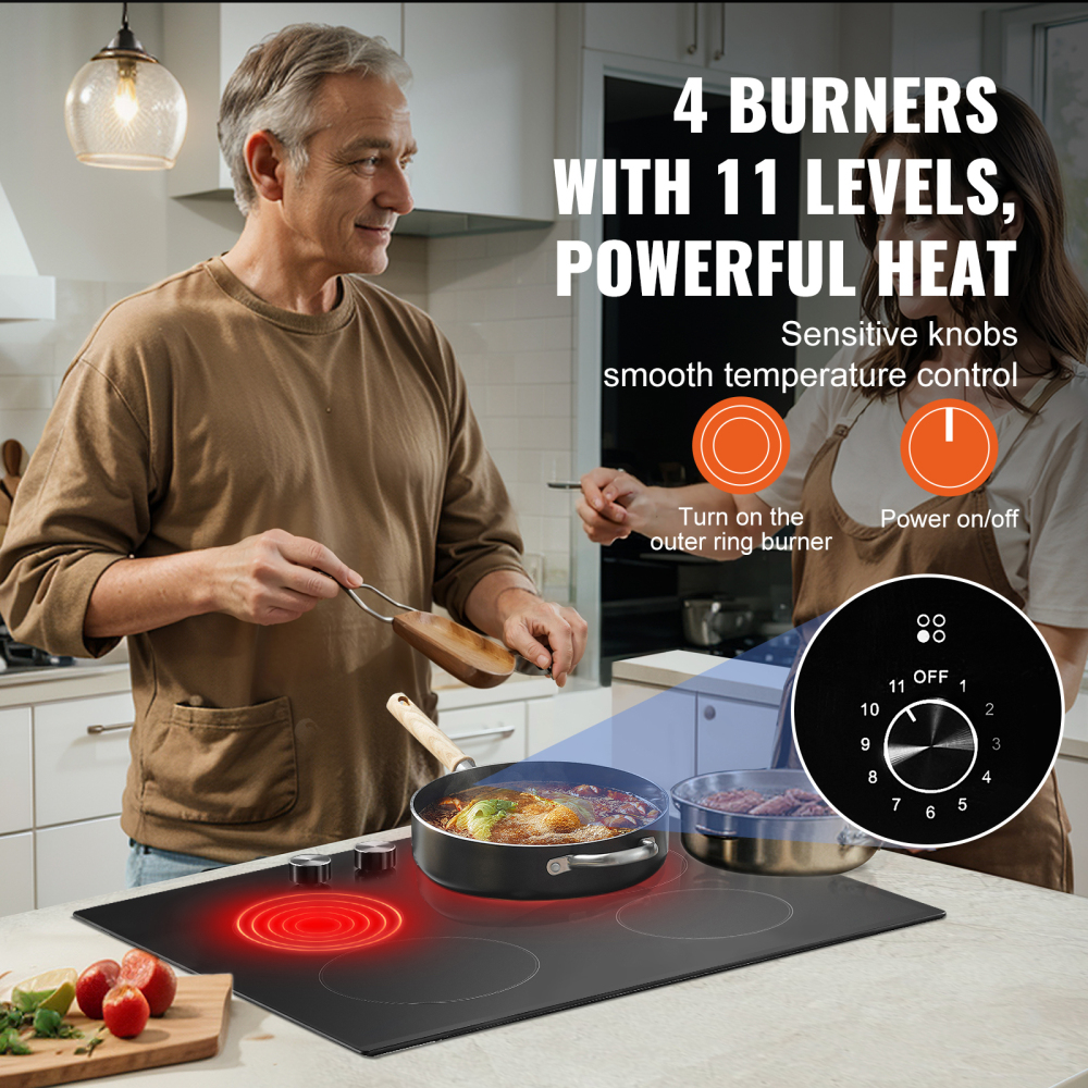 23.2" Built-in Electric Cooktop with 4 Radiant Burners, Knob Control Ceramic Glass Stove Top, 6000W High Power Kitchen Range for Home