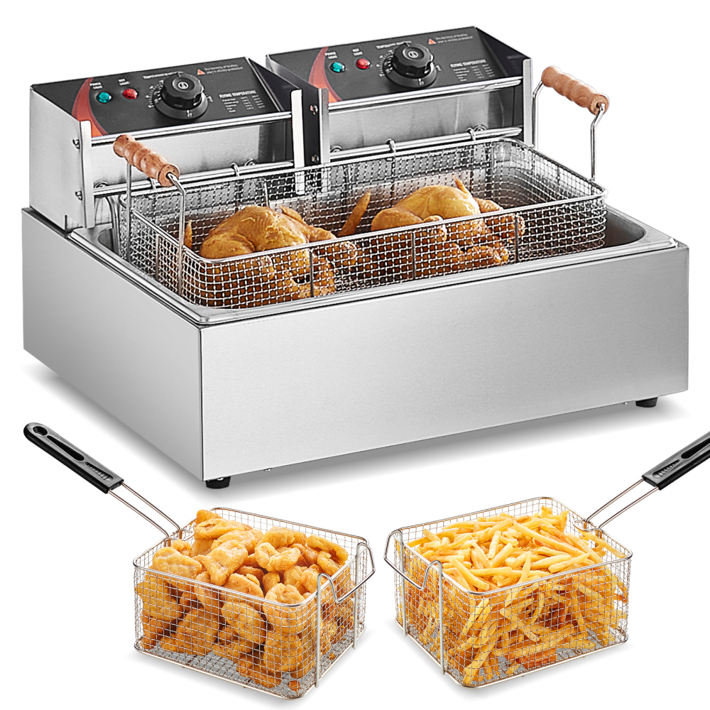 3000W Commercial Electric Deep Fryer Countertop - Dual Basket Stainless Steel Restaurant Fryer with Temperature Control