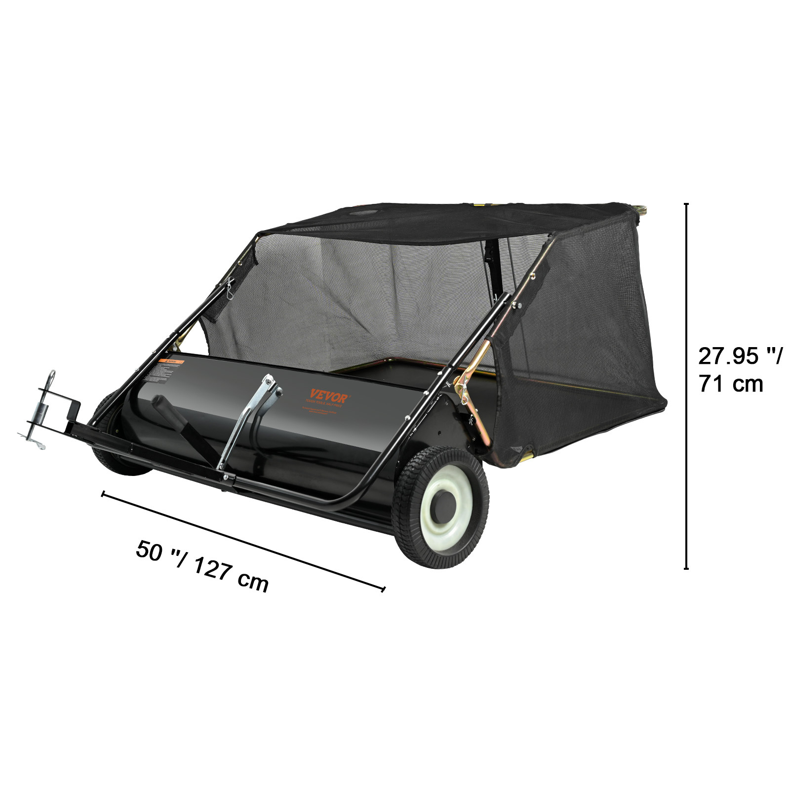 VEVOR 50" Tow Behind Lawn Sweeper - 26 Cu. Ft. Heavy Duty Leaf & Grass Collector with Adjustable Height Brush