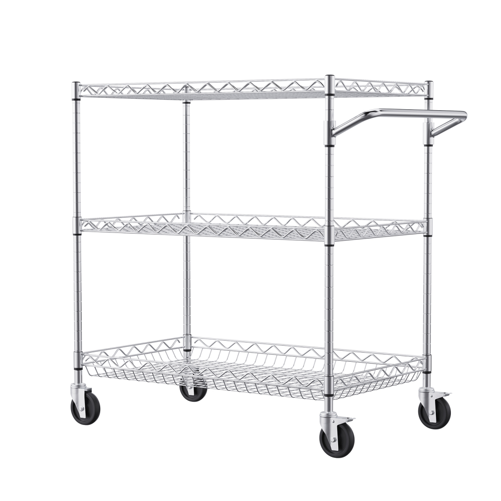 Heavy Duty 3-Tier Rolling Utility Cart with Adjustable Wire Shelves & Silent Casters - Industrial Chrome Storage Rack for Kitchen, Garage, and Warehouse