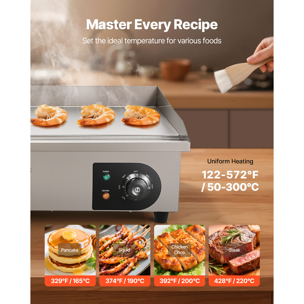 1750W Commercial Electric Griddle Stainless Steel Flat Top Grill with Adjustable Temp Control, Countertop Hot Plate for Steak, Pancakes & Burgers