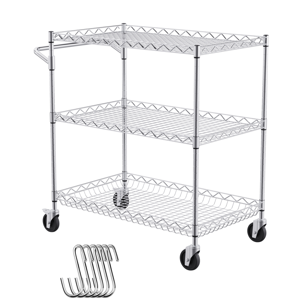 Heavy Duty 3-Tier Rolling Utility Cart with Adjustable Wire Shelves & Silent Casters - Industrial Chrome Storage Rack for Kitchen, Garage, and Warehouse