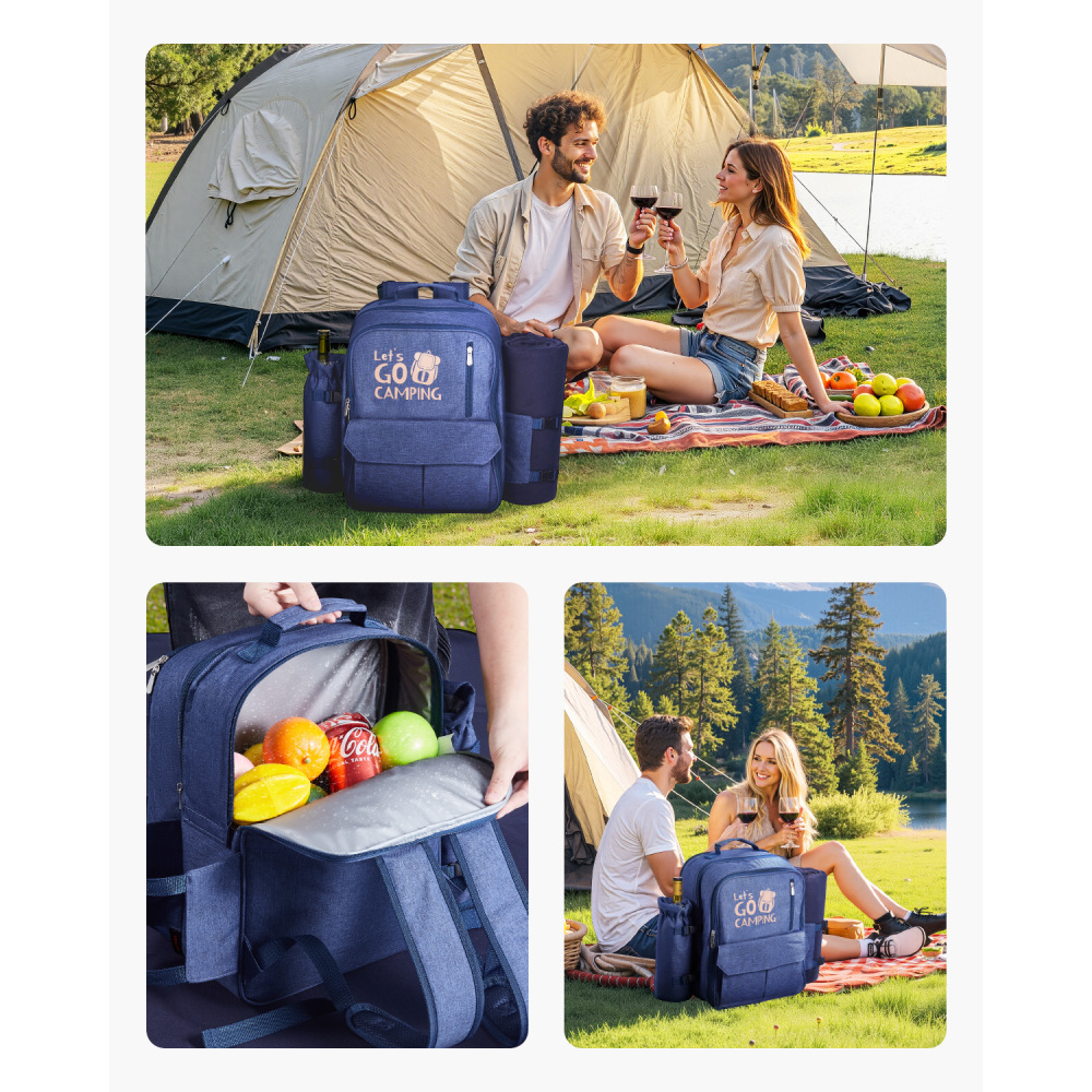 4-Person Insulated Picnic Backpack Set with Cooler Compartment & Blanket - Navy Blue Outdoor Hamper