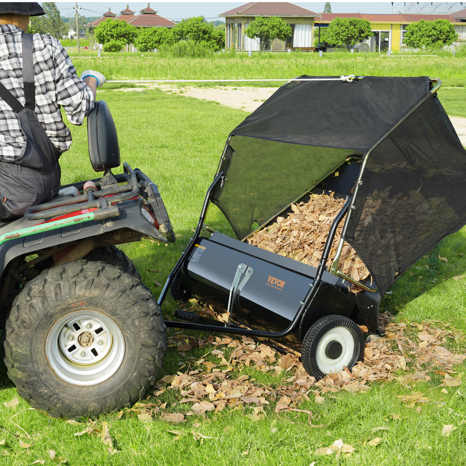 VEVOR 50" Tow Behind Lawn Sweeper - 26 Cu. Ft. Heavy Duty Leaf & Grass Collector with Adjustable Height Brush