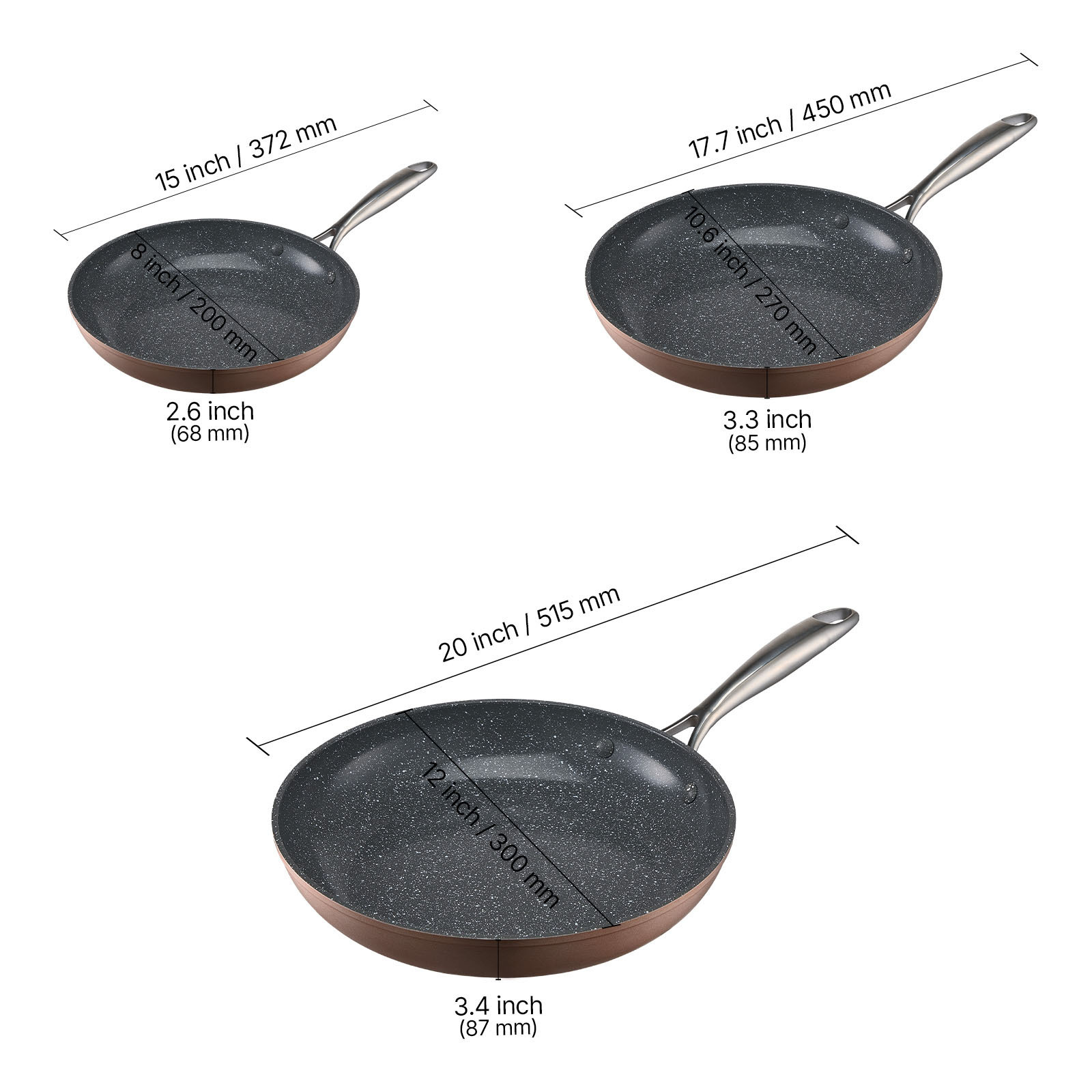 3-Piece Nonstick Frying Pan Set - Aluminum Skillet Cookware for Induction, Gas & Electric Stoves