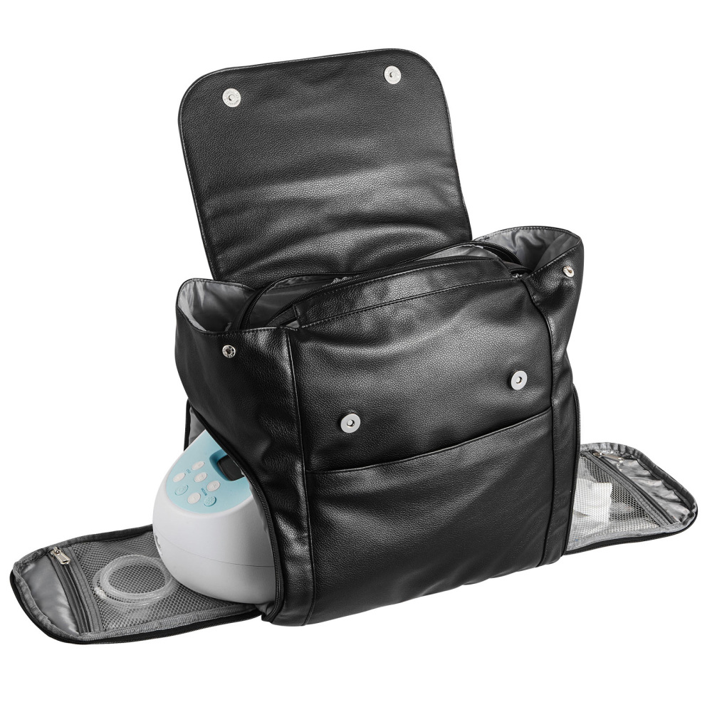 Premium Black PU Leather Breast Pump Backpack - Insulated Diaper Bag with Ice Pack & Organizer Pockets for Travel and Work
