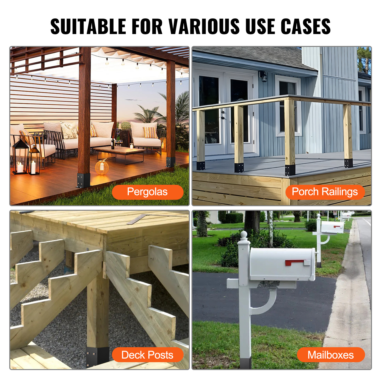 4-Pack Heavy Duty 4x4 Post Base Brackets - Black Steel Fence Post Anchor with Full Wrap Design for Deck, Pergola & Porch Columns