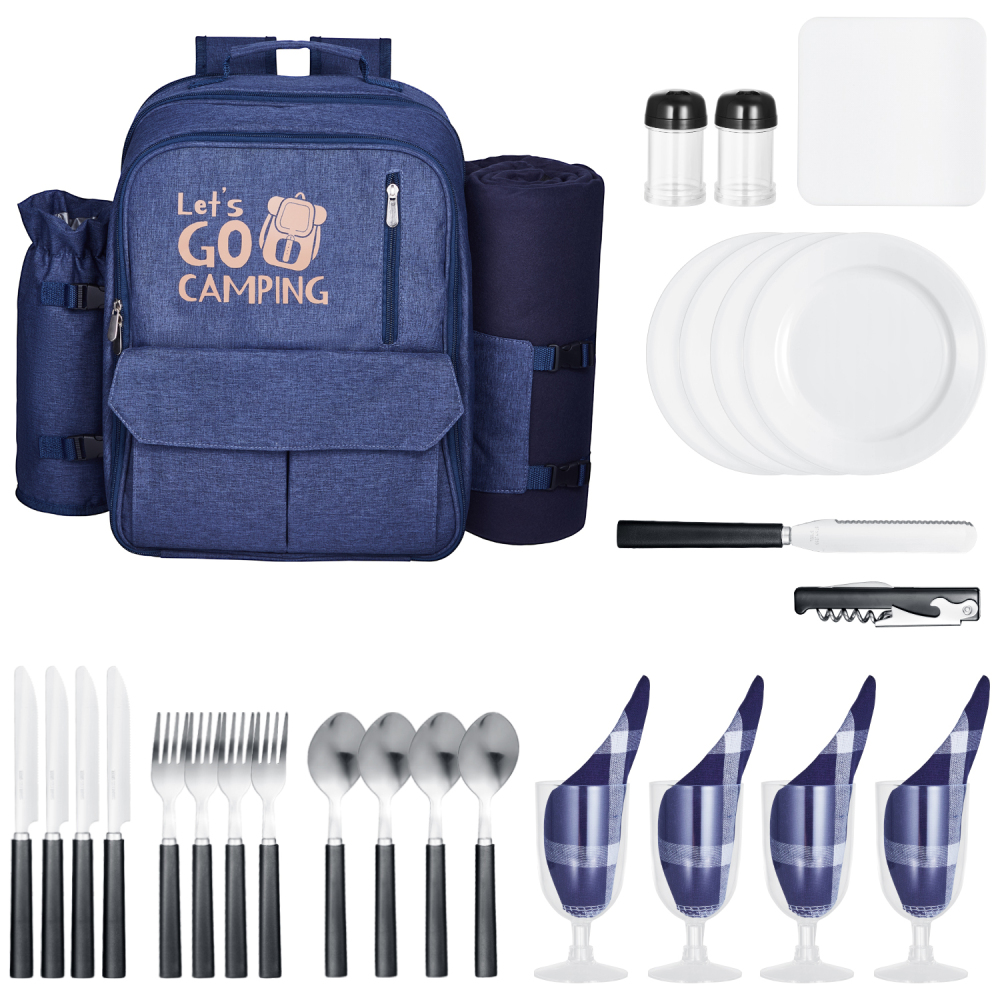 4-Person Insulated Picnic Backpack Set with Cooler Compartment & Blanket - Navy Blue Outdoor Hamper