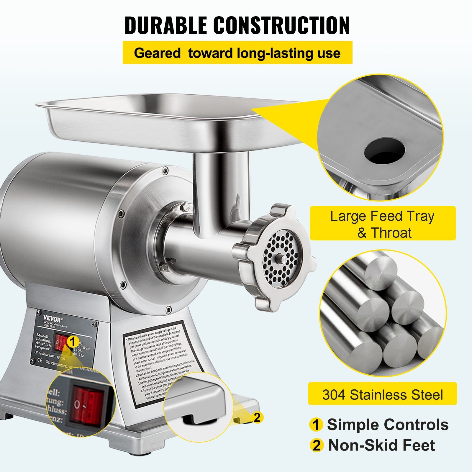 VEVOR Commercial Meat Grinder, 1100W Heavy Duty Electric Meat Mincer with Stainless Steel Construction, Industrial Grade Food Processor for Sausage Making & Kitchen Prep
