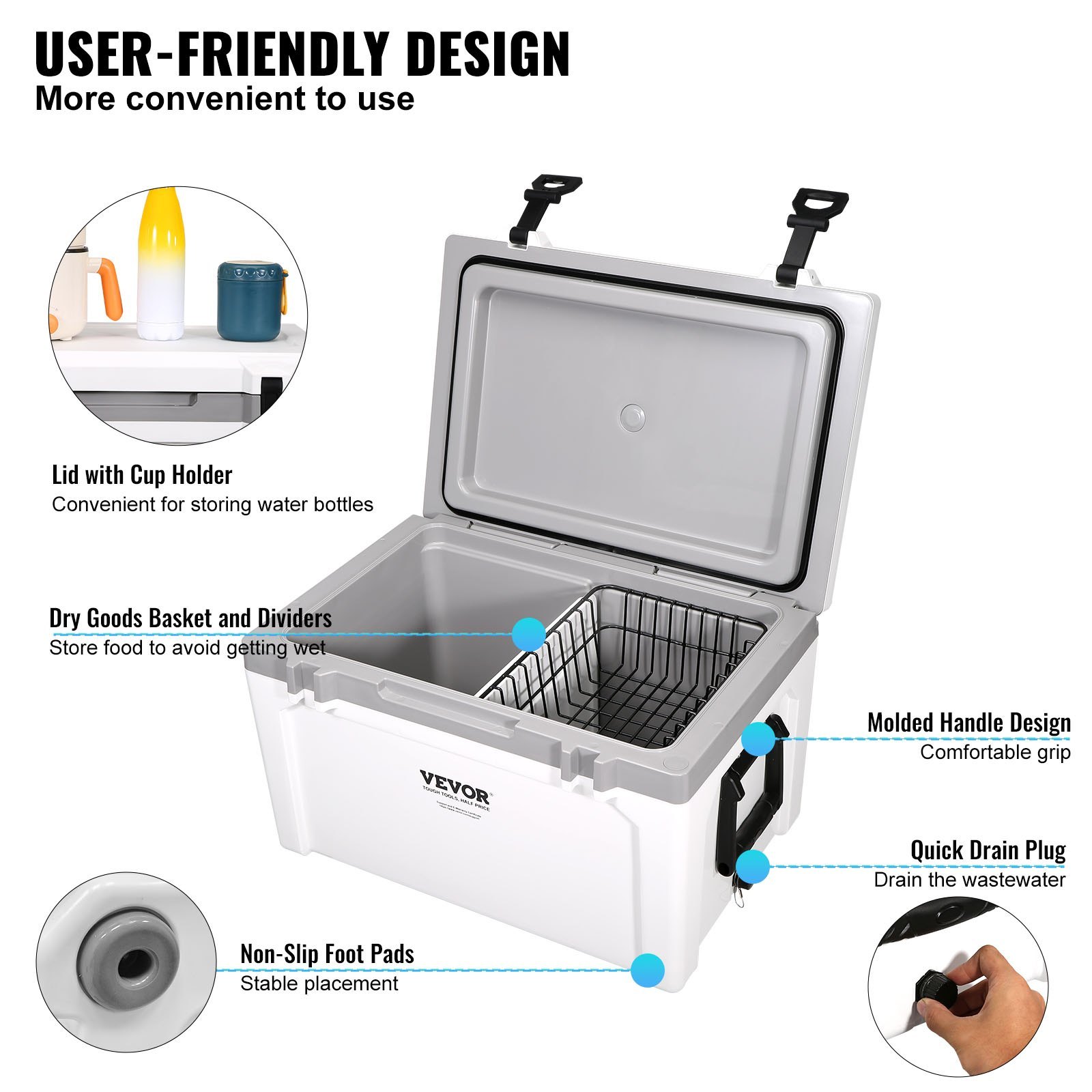 VEVOR 52 Qt Insulated Hard Cooler - Portable Ice Chest with 6-Day Retention, Heavy Duty Handle & Latches for Camping, Beach, and Outdoor Adventures