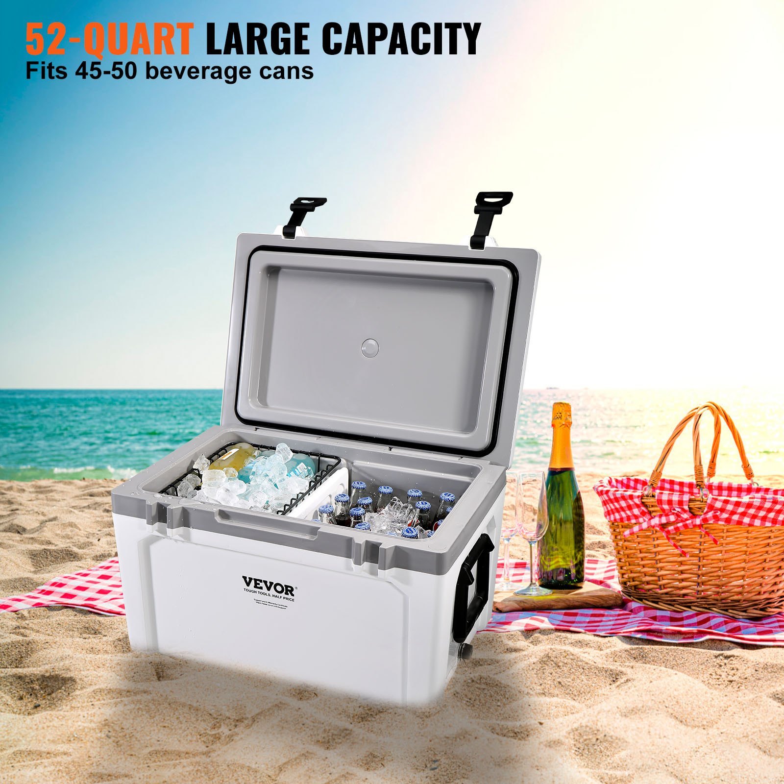 VEVOR 52 Qt Insulated Hard Cooler - Portable Ice Chest with 6-Day Retention, Heavy Duty Handle & Latches for Camping, Beach, and Outdoor Adventures