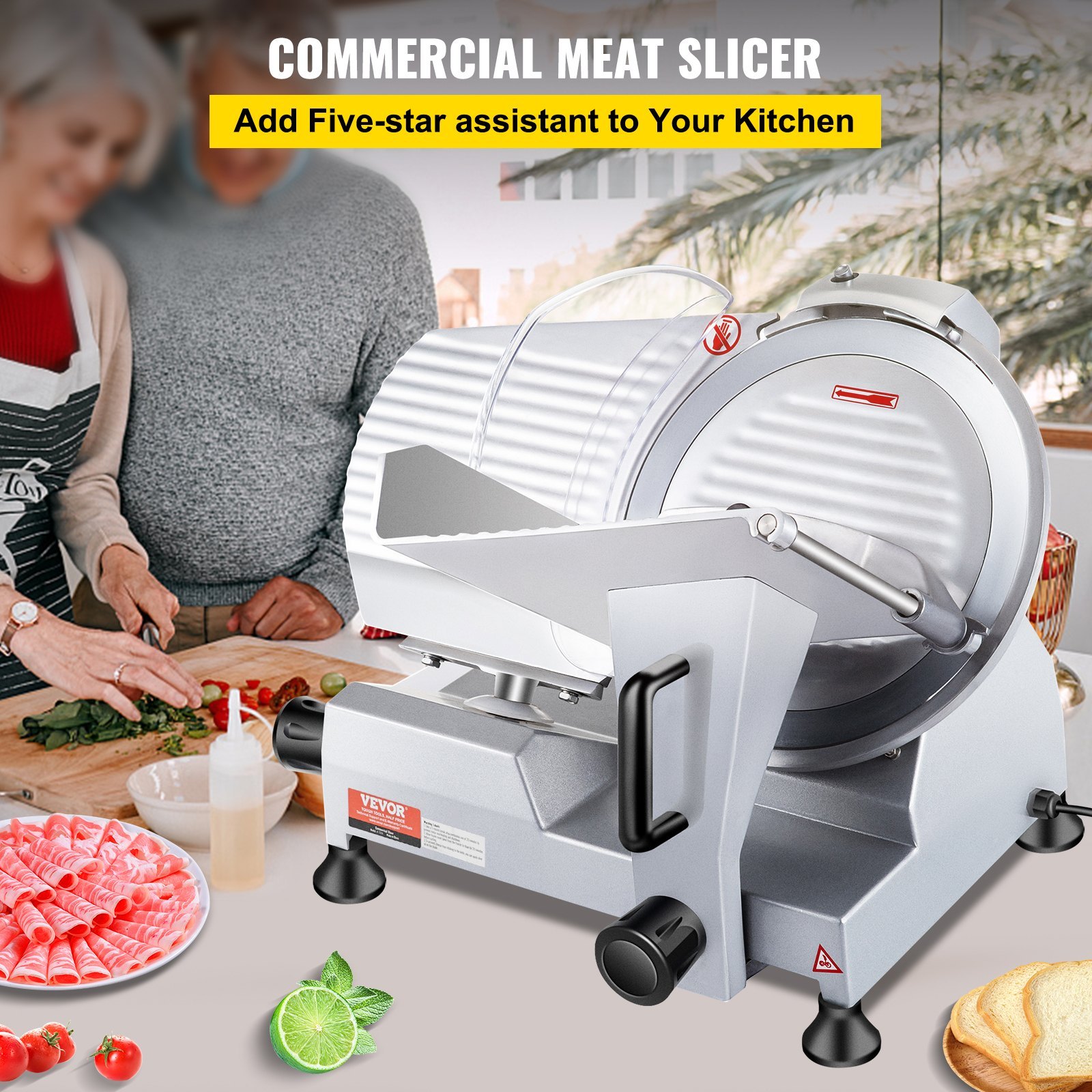 VEVOR 240W Commercial Meat Slicer with 10" Carbon Steel Blade, Adjustable Electric Deli Food Slicer for Home & Restaurant